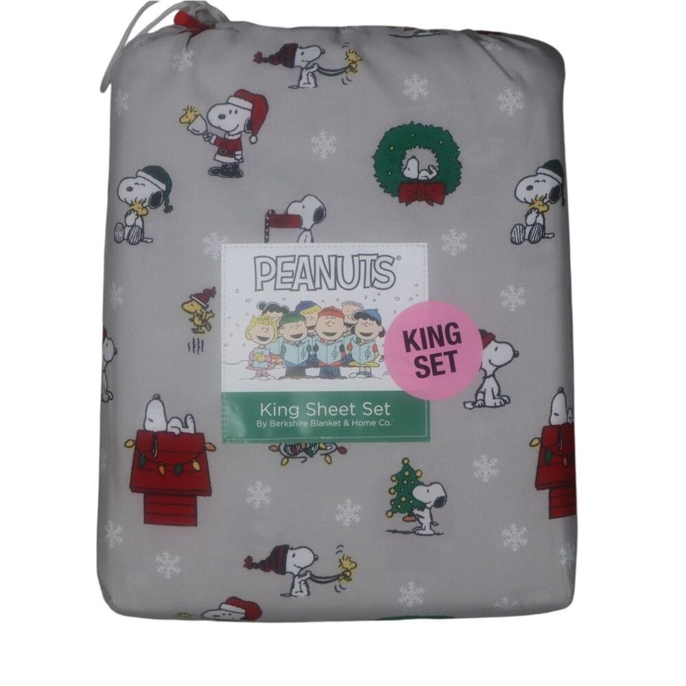 Peanuts Christmas King Sheet Set – Snoopy & Woodstock Santa Wreaths NEW